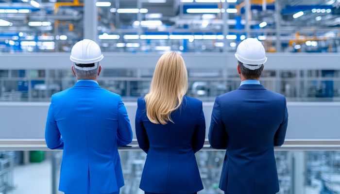 Professionals observing a manufacturing facility during a gemba walk or layered process audit