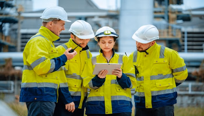Group of workers in protective gear using a connected worker platform for field operations