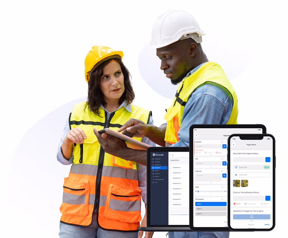 Two construction workers in safety vests and hard hats review information on a tablet, with overlapping digital interface mockups from a mobile app and tablet screen showing inspection forms and status update fields.