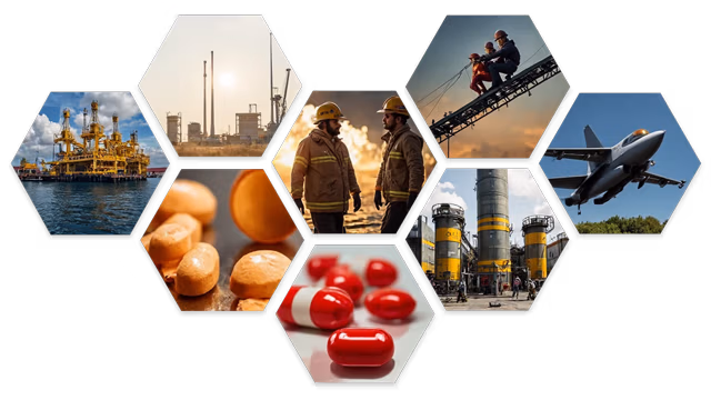 Collage of hexagonal images showing various industries: an offshore oil rig, refinery towers, utility workers on power lines, fighter jet in flight, industrial storage tanks, red and white capsules, caramel-like tablets, and two workers in safety gear during sunset.