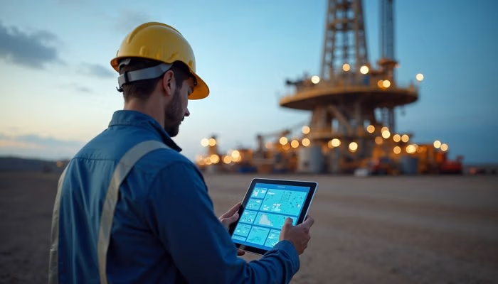 Engineer using tablet for digital knowledge management at construction site