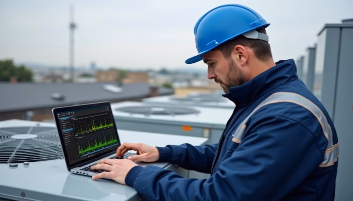 A technician performing remote maintenance on equipment, using a laptop on a rooftop with cooling units in the background.
