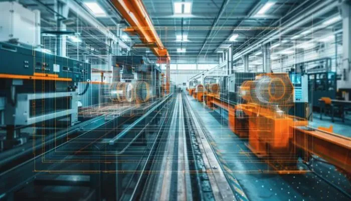 AI in manufacturing, automated production line with digital overlay showing real-time data