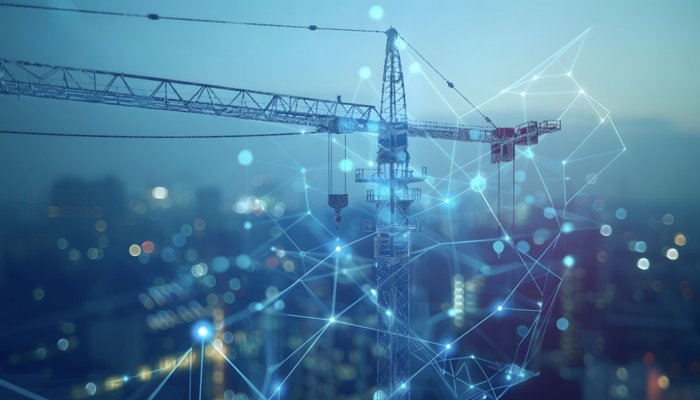 Baustellenkran bei Nacht mit digitalem Netzwerküberzug, das die Prozessoptimierung an mehreren Standorten darstellt