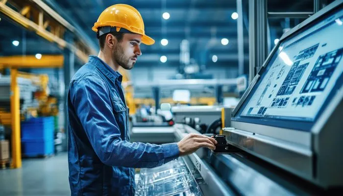 Prozess des elektronischen Batch Records mit einem Bediener, der eine Touchscreen-Oberfläche in einer Fertigungsumgebung nutzt