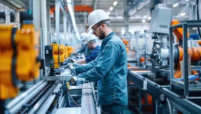 Operator working on a flexible production line in a high mix low volume manufacturing environment.