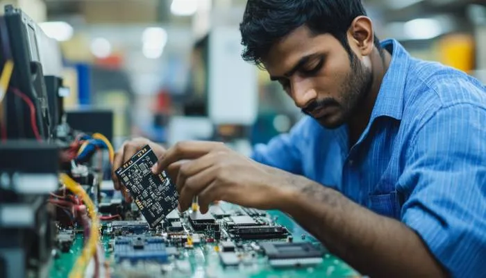 Technician assembling a circuit board as part of a one piece flow production process