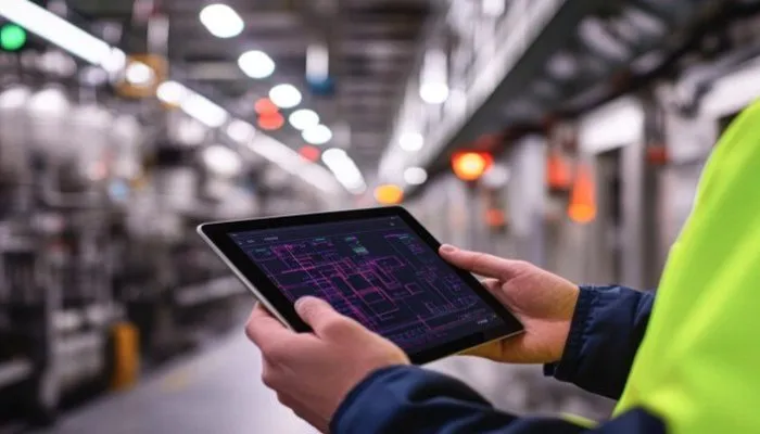 One point lesson – Industrial worker using a tablet in a factory environment.