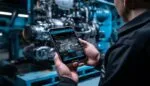 AI predictive maintenance system in operation with mobile app displaying technical details