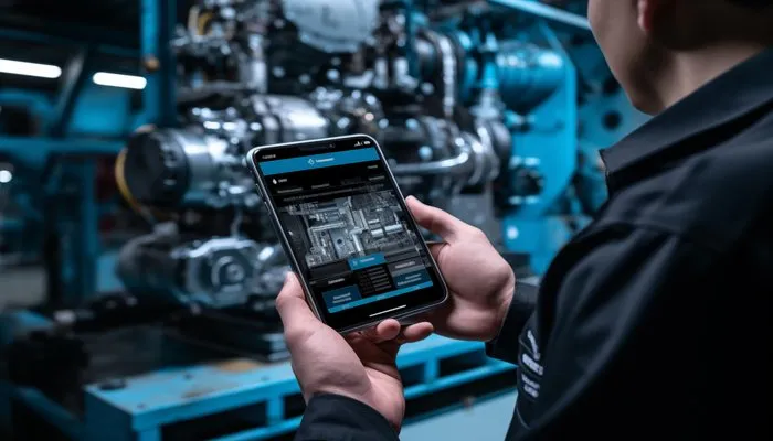 AI predictive maintenance system in operation with mobile app displaying technical details