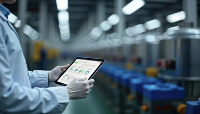 Manufacturing worker using checklist software on a tablet in a factory setting
