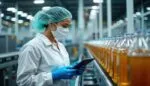 Worker using checklist platform for food manufacturing in a production line