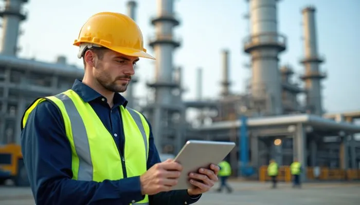Engineer using a tablet on-site with field service management software for manufacturers
