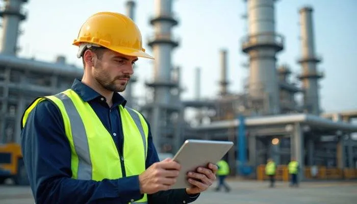 Ingenieur mit Tablet vor Ort nutzt field service management software für die Fertigung