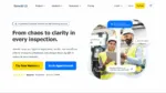 Flowdit homepage showing an AI-powered inspection software for manufacturing with two workers in a factory.
