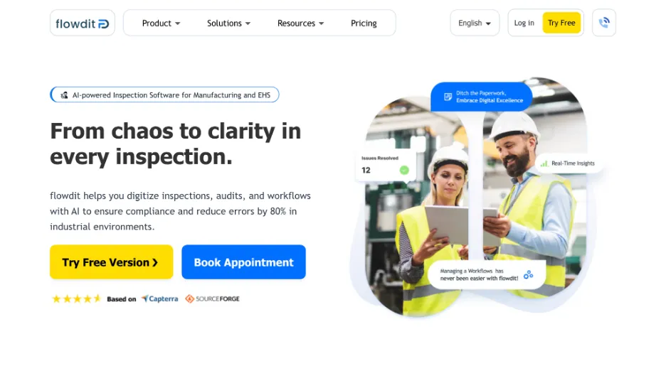 Flowdit homepage showing an AI-powered inspection software for manufacturing with two workers in a factory.