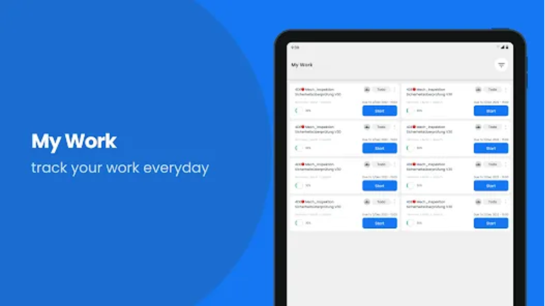 Screenshot of the "My Work" feature on a tablet, displaying a task management interface.