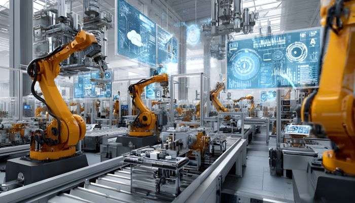 Automated production line with industrial robots and digital dashboards visualizing big data in manufacturing