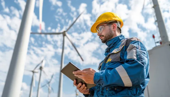 Ingenieur mit Tablet auf Windkraftanlage, KI im Field Service zur Optimierung von Wartungsprozessen