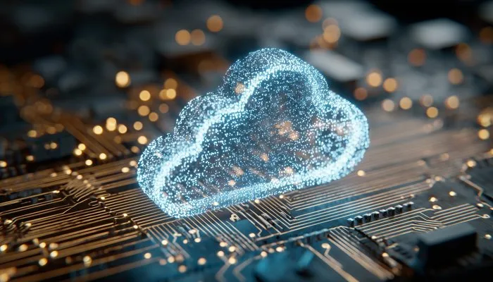 Cloud-Darstellung mit digitalen Schaltkreisen, symbolisierend KI in SaaS