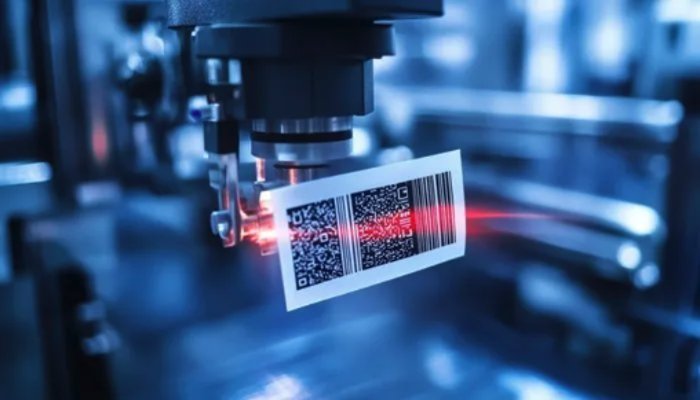 Kamera prüft Barcode mit Laser in der Produktion - ki gestütze qualitätskontrolle und computer vision erkennen Codes direkt am Bauteil