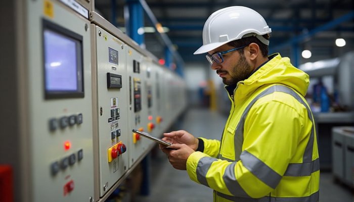 A technician reviewing a preventive maintenance checklist on a tablet in an industrial setting, ensuring equipment readiness