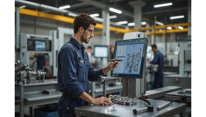 Mitarbeiter bedient digitales Werkerassistenzsystem an einem Touchscreen in der Produktion.