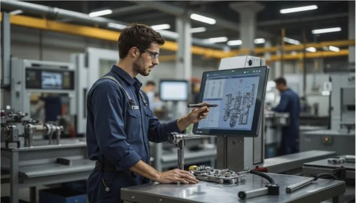 Facharbeiter in der Fertigung nutzt Werkerassistenzsysteme auf einem Touchscreen, um technische Zeichnungen zu überprüfen und Arbeitsabläufe zu optimieren