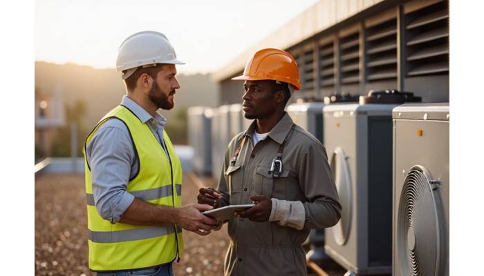 Two technicians discussing a task on a rooftop during a field service management operation