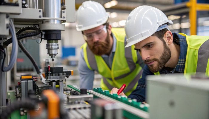 Engineers inspecting a production line and analyzing machinery for process optimization in manufacturing.