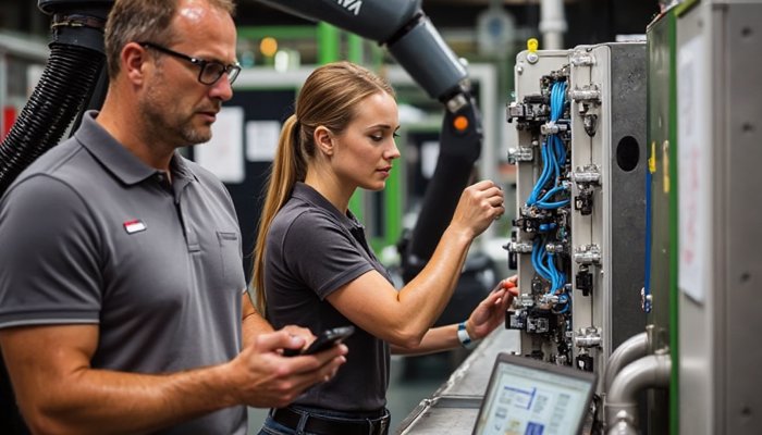 Worker self inspection in industrial setting: two employees conducting checks on machinery with digital tools.
