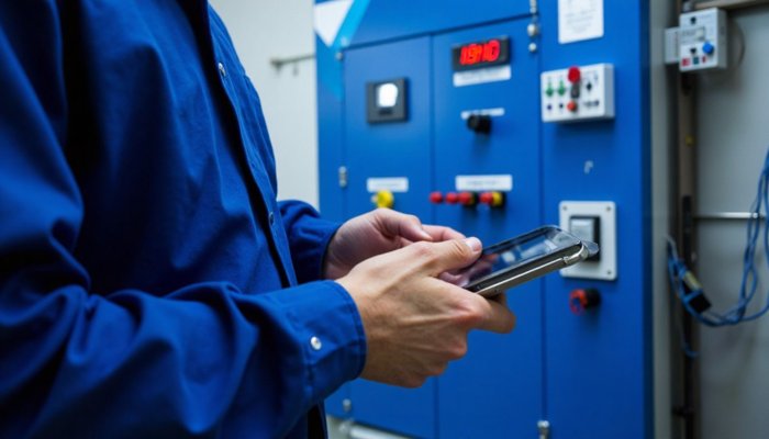 Software für Servicetechniker: Ein Servicetechniker arbeitet mit einem Smartphone, während er eine technische Anlage überprüft. Das Bild zeigt einen blauen Schaltschrank mit Tasten und Schaltern.
