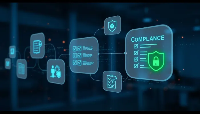 Abstract digital illustration of audit tools 2026 showing connected blue checklist icons leading to a green compliance panel with a shield and padlock symbol, representing a secure audit workflow on screen