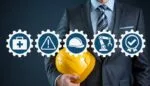 Safety report templates for construction sites icons with a professional wearing a suit holding a yellow helmet, symbolizing key components of a construction safety report