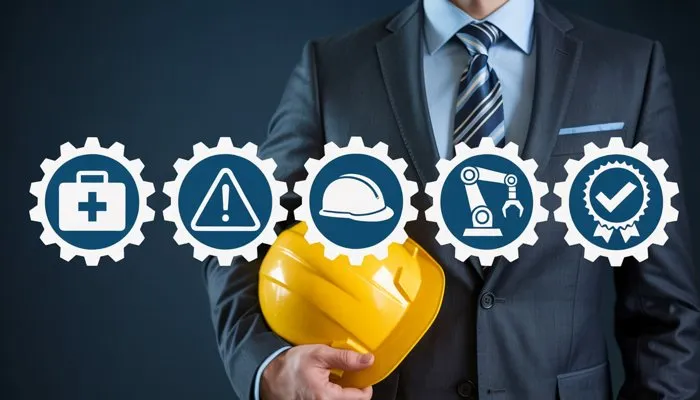 Safety report templates for construction sites icons with a professional wearing a suit holding a yellow helmet, symbolizing key components of a construction safety report