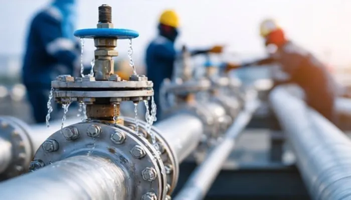 Beispiel für die Ursache von einem Ausfall in einer Industrieanlage: Wasserleck an Industrierohrleitung während Ventilwartung durch Techniker