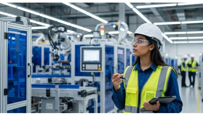 Engineer with safety gear inspecting automated machinery with tablet during manufacturing audit