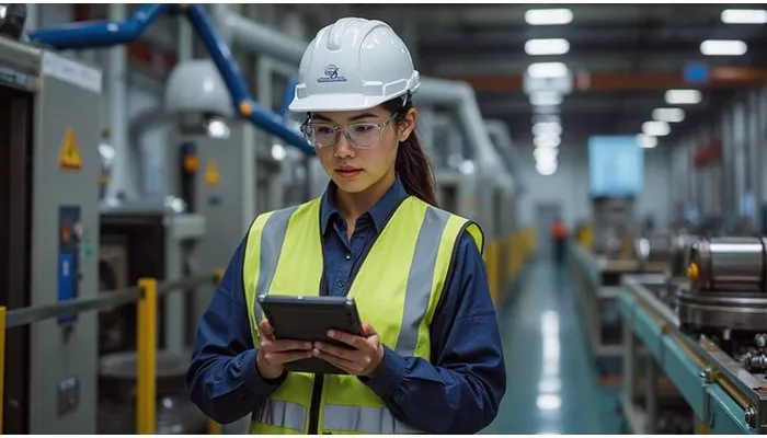 manufacturing sop: factory worker wearing a hard hat and safety vest checks a tablet while standing between production machines on an industrial shop floor