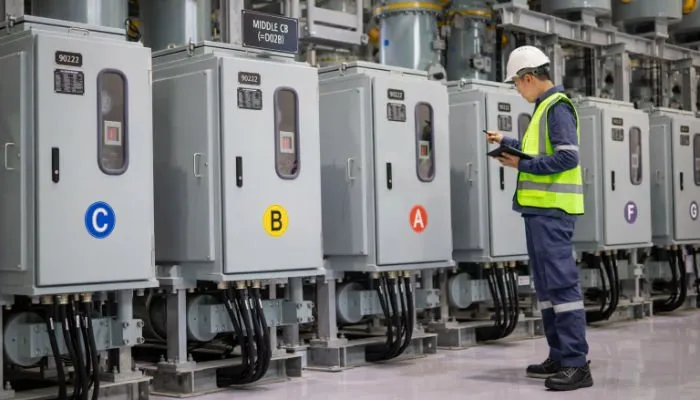 Electrical maintenance technician inspecting industrial control panels and switchgear with a tablet in a factory environment