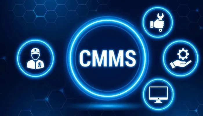 CMMS Software interface concept with central CMMS label and icons for maintenance, technician, system monitoring, and digital asset management representing best maintenance management software