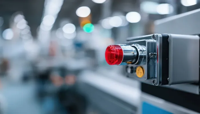 Notfallwartung an Industrieanlage mit roter Warnleuchte während eines Maschinenstillstands