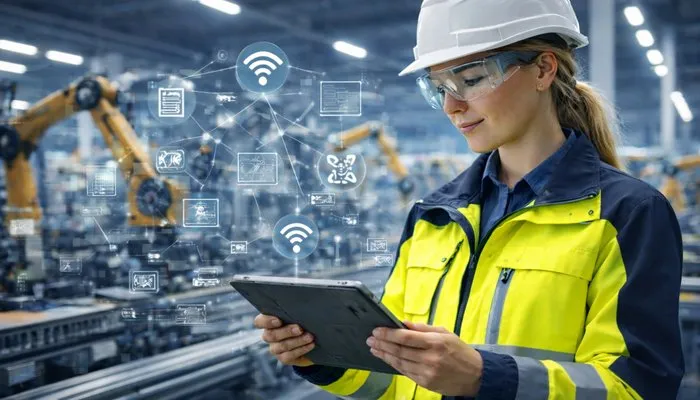 Female technician using a tablet on the shop floor to review a connected worker platform while inspecting industrial equipment in a manufacturing facility