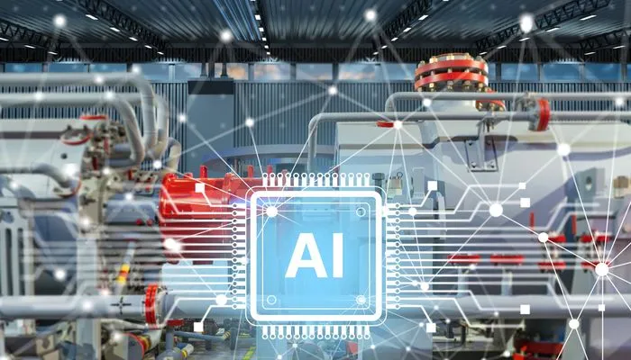 Digitalisierung der Produktion: KI-Chip-Grafik überlagert eine industrielle Fertigungsanlage mit Roboterarmen und vernetzten Datenpunkten