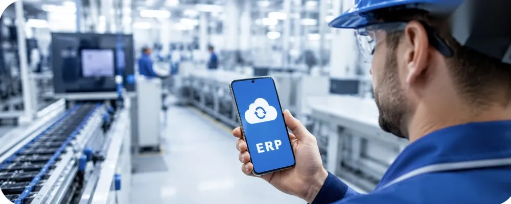 Mitarbeiter in der Produktion hält ein Smartphone mit ERP System Anzeige während ein Prüfprozess an einer Produktionslinie vorbereitet wird