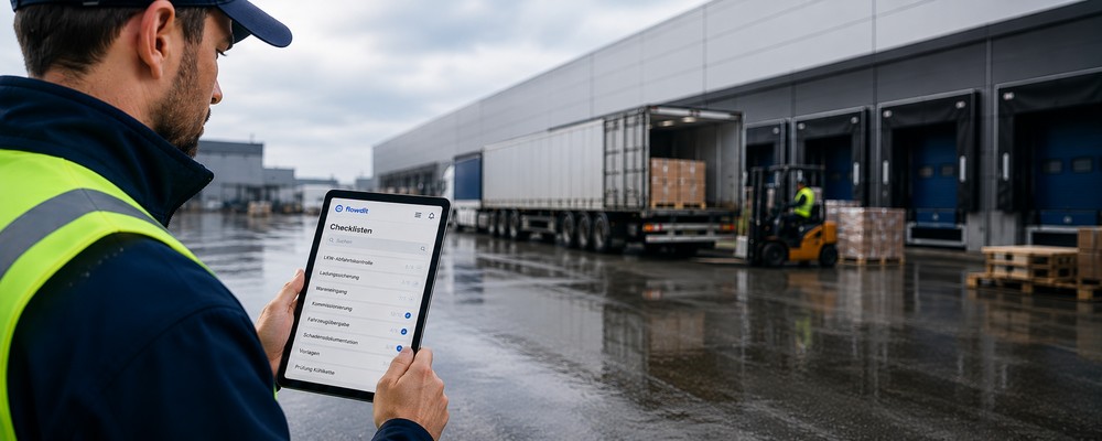Mitarbeiter in einem Logistikzentrum nutzt eine Checklisten Software für Logistik und Transport auf einem Tablet vor LKW und Verladerampen