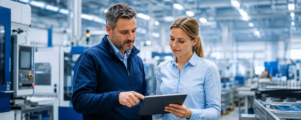 Dokumentenmanagement in der Produktion mit DocuWare und flowdit: Zwei Mitarbeitende prüfen ein Tablet in einer hellen Fertigungshalle mit blauen Maschinen.