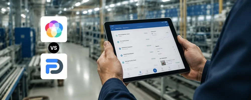 flowdit als Lumiform Alternative: links die Logos von flowdit und Lumiform, rechts eine Person mit Tablet in einer Produktionshalle