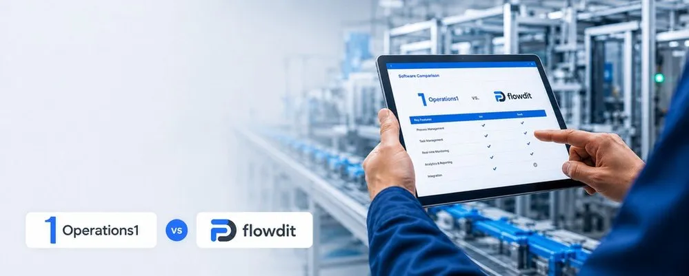 operations1 alternative comparison shown on a tablet in a factory, with Operations1 and flowdit logos and a software feature table