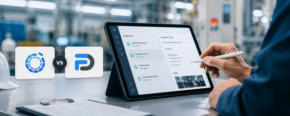smapOne alternative comparison image showing two software logos next to a tablet with an inspection checklist in an industrial work area