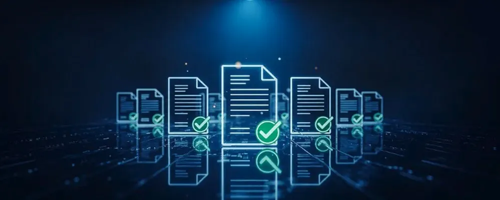 Verfahrensdokumentation mit digital dargestellten Dokumenten und grünen Prüfhaken auf dunklem Hintergrund